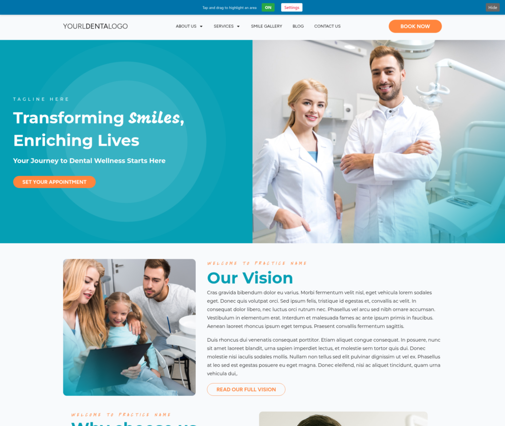 7-Template Dental WordPress Build — Template 3 (desktop)