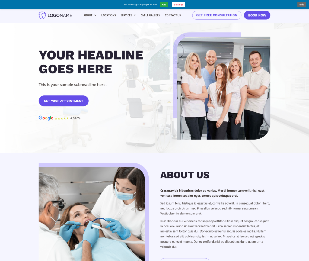 7-Template Dental WordPress Build — Template 7 (desktop)