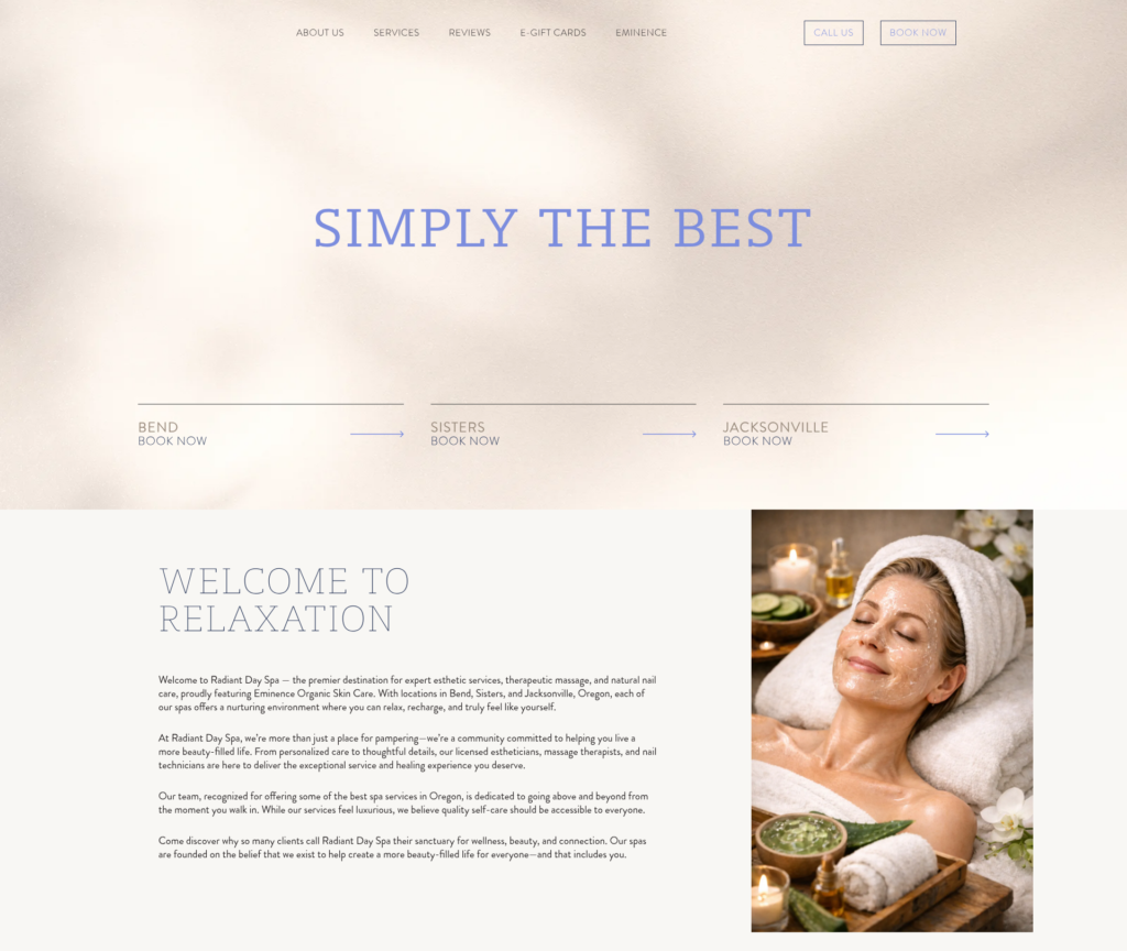 47-URL Multi-Location Day Spa WordPress Build — desktop view at 1920 px