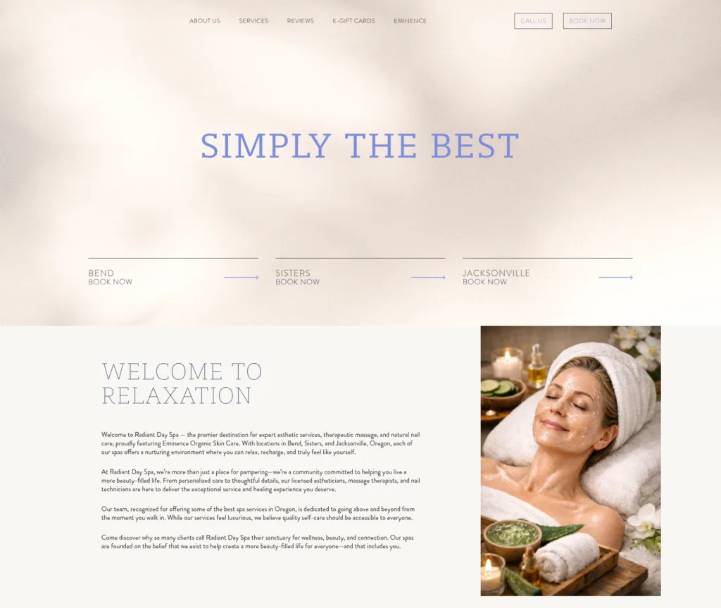 47-URL Multi-Location Day Spa WordPress Build — desktop view at 1920 px
