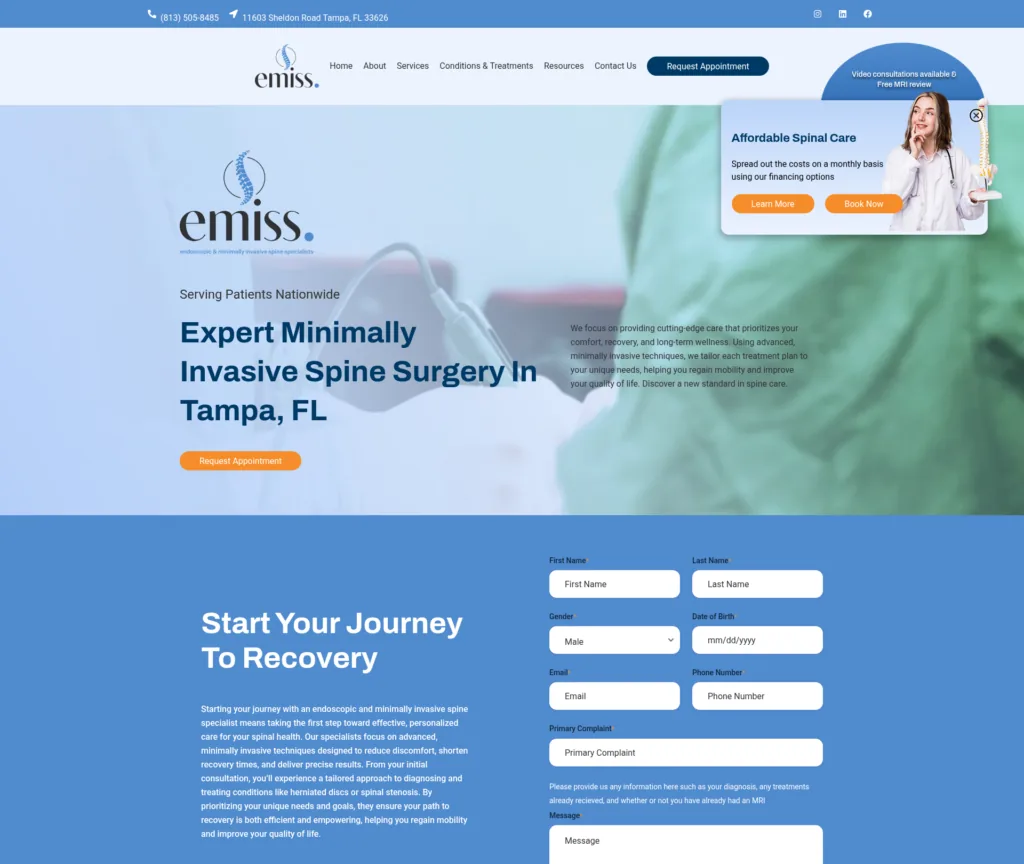 Spine Surgery Practice WordPress Build — 10 Templates — desktop view at 1920 px
