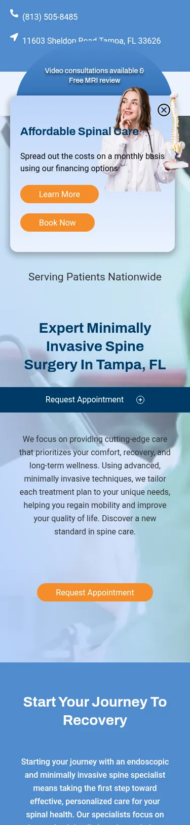 Spine Surgery Practice WordPress Build — 10 Templates — mobile view at 375 px