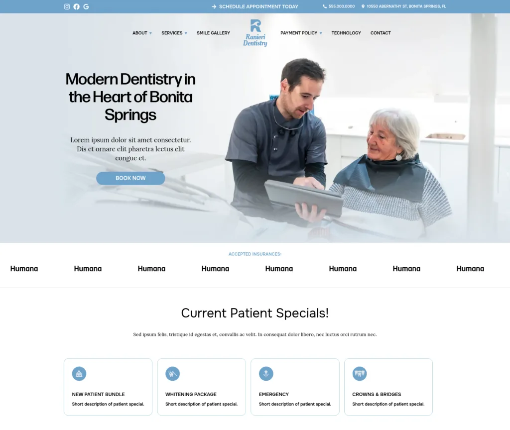 43-Page Dental Template Customisation — desktop view at 1920 px
