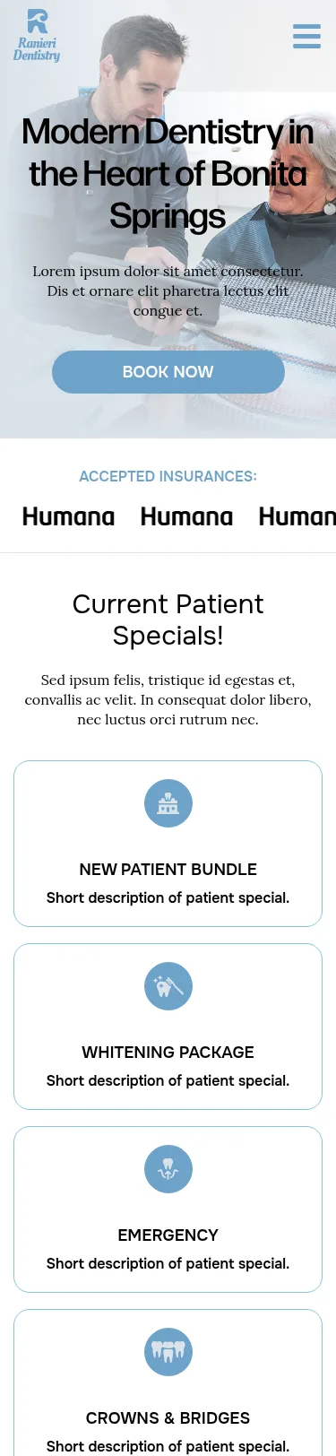 43-Page Dental Template Customisation — mobile view at 375 px