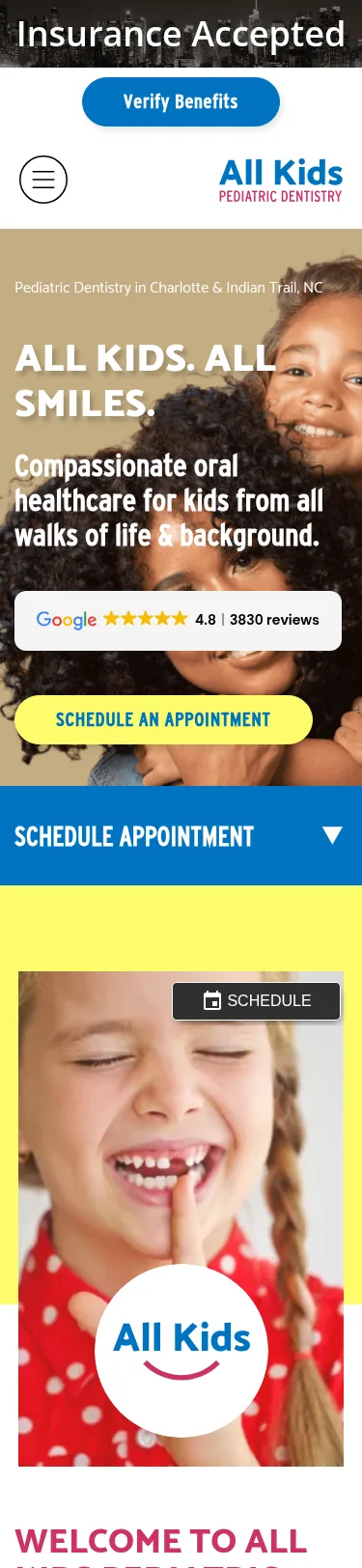 29-Page Pediatric Dentistry WordPress Build — mobile view at 375 px