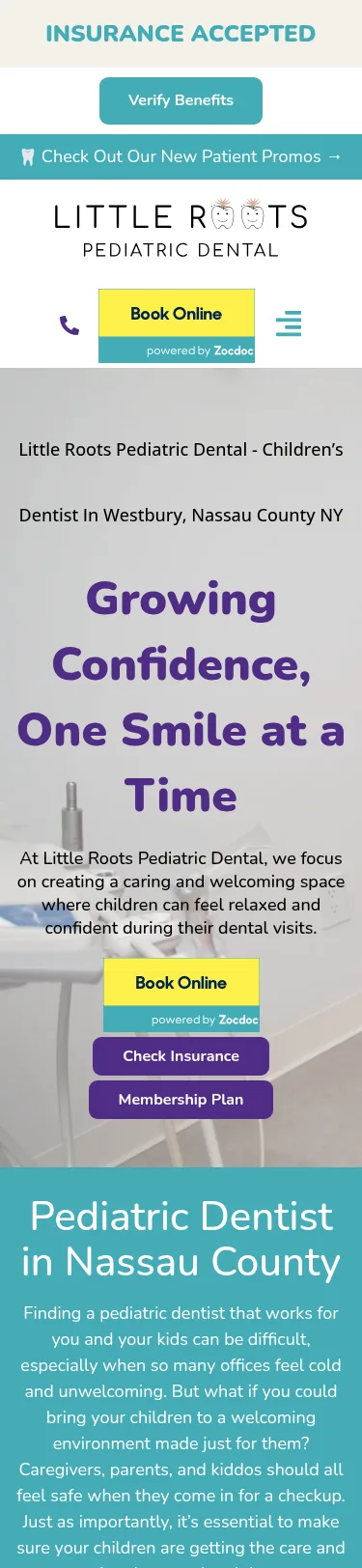 43-Page Pediatric Dentistry WordPress Build — mobile view at 375 px
