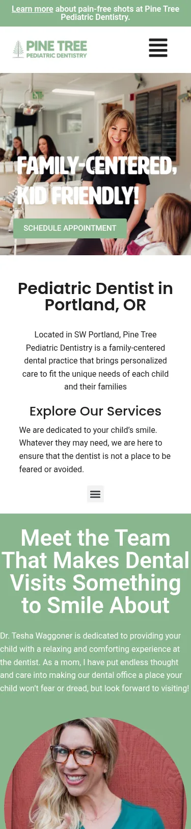 Pediatric Dental Rebuild — Canonical, Portland — mobile view at 375 px