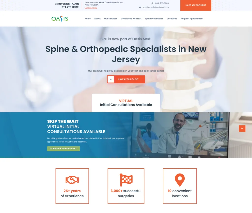 85-Page Orthopedic & Spine WordPress Build — desktop view at 1920 px
