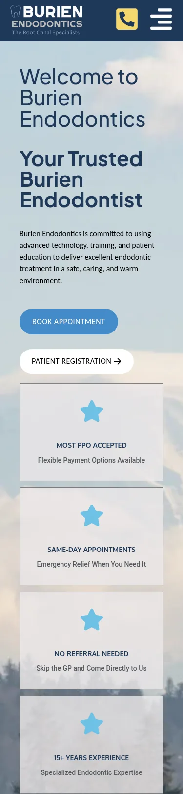 6-Ticket Endodontics Refresh — mobile view at 375 px