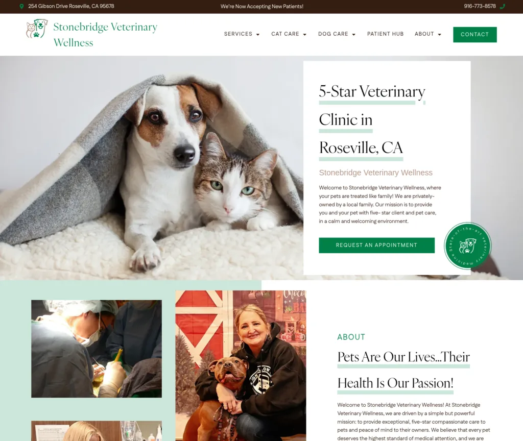 28-Page Veterinary WordPress Build — desktop view at 1920 px