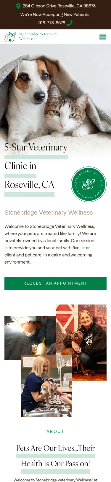 28-Page Veterinary WordPress Build — mobile view at 375 px