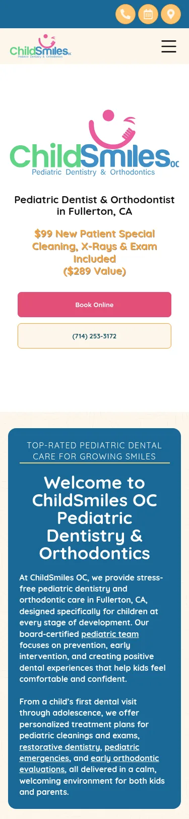 31-Page Pediatric Dentistry WordPress Build — mobile view at 375 px