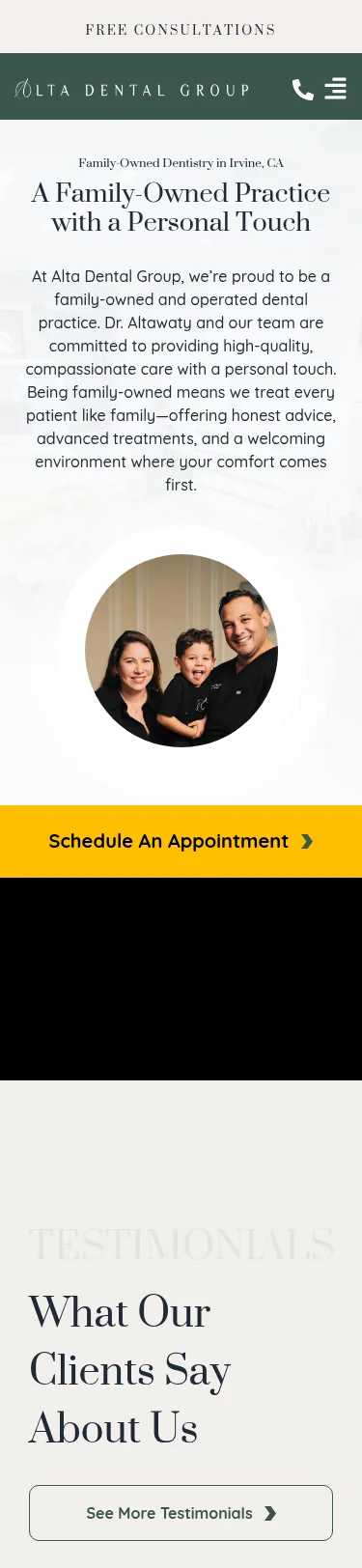 27-Page Multi-Office Dental WordPress Build — mobile view at 375 px