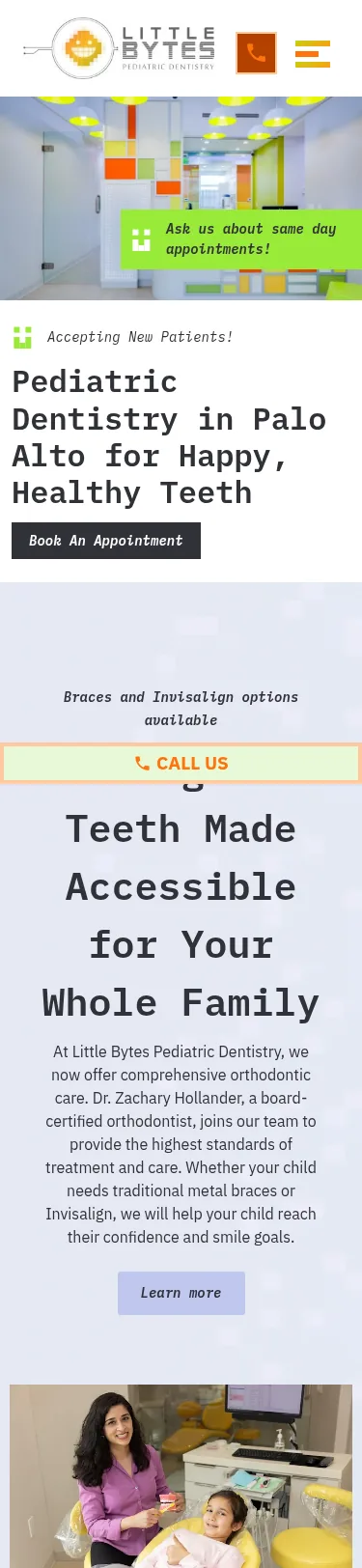 45-Page Pediatric Dental Website Rebuild — mobile view at 375 px