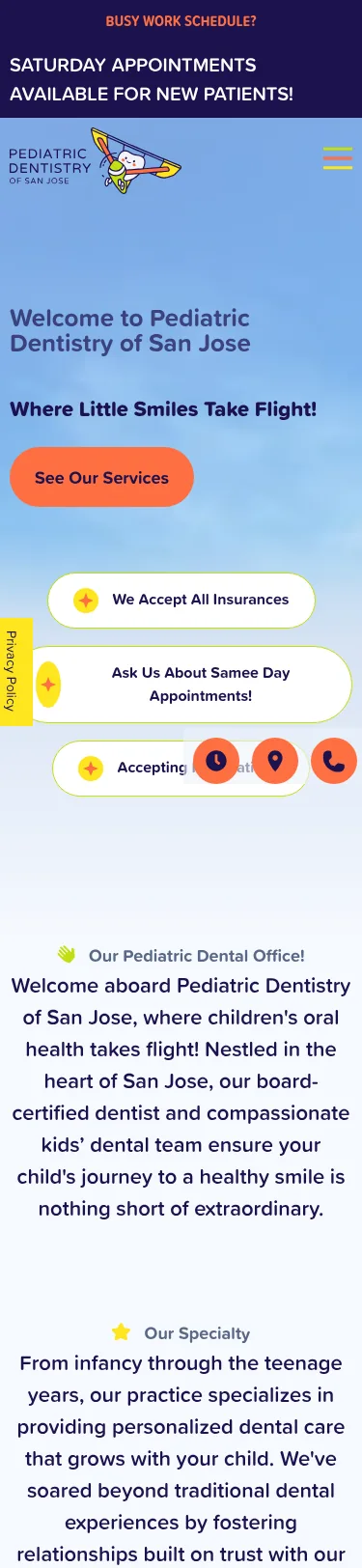 29-Page Pediatric Dental Website Rebuild — mobile view at 375 px
