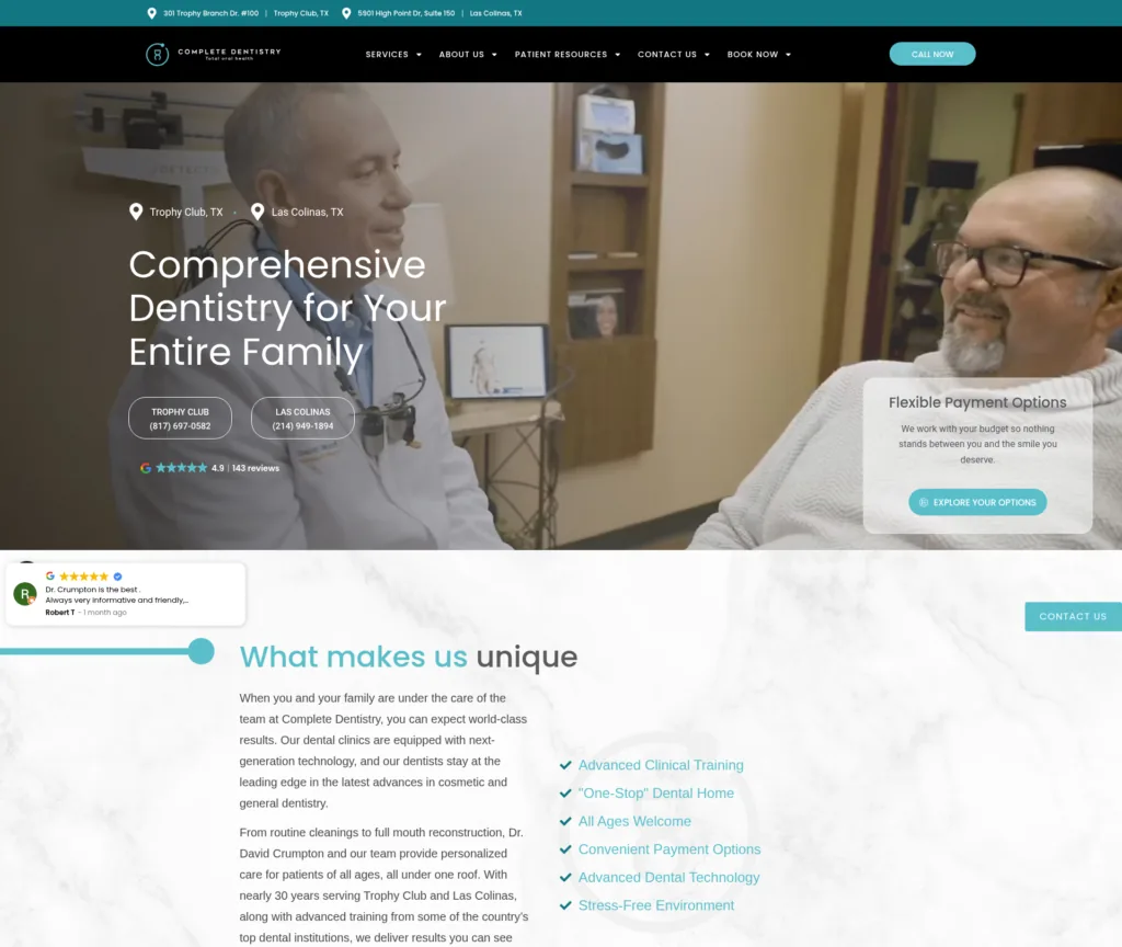 44-Page General Dentistry WordPress Rebuild — desktop view at 1920 px