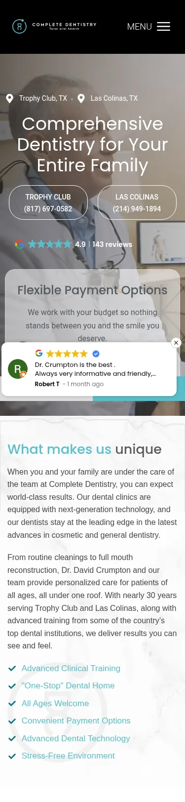 44-Page General Dentistry WordPress Rebuild — mobile view at 375 px