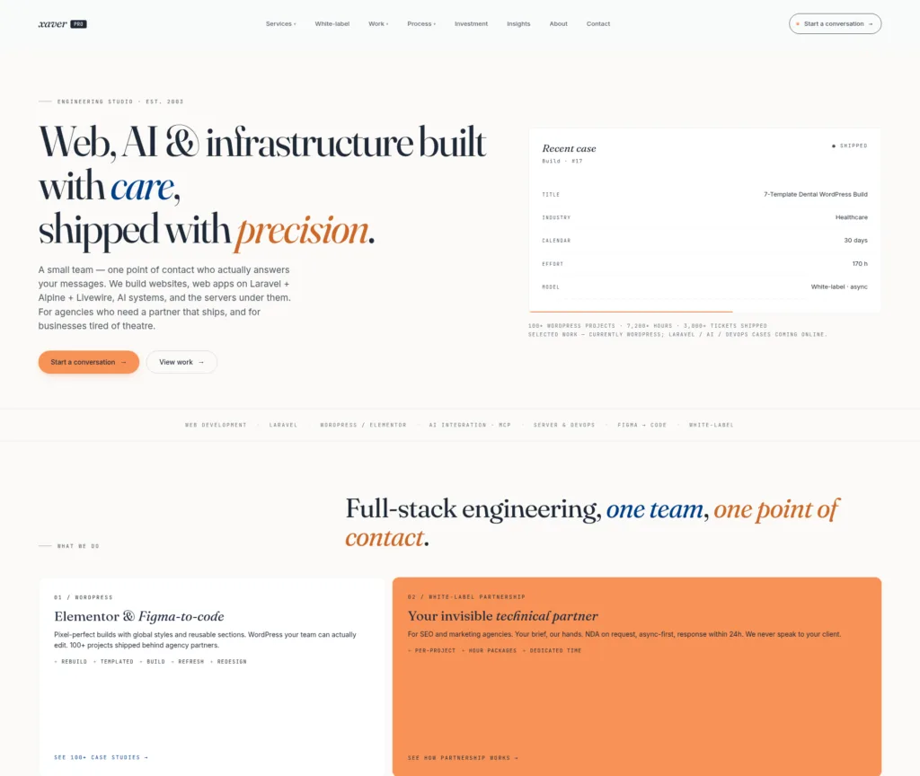 Internal case study: a pipeline for 107 projects and a deploy that never touches the live site — desktop view at 1920 px