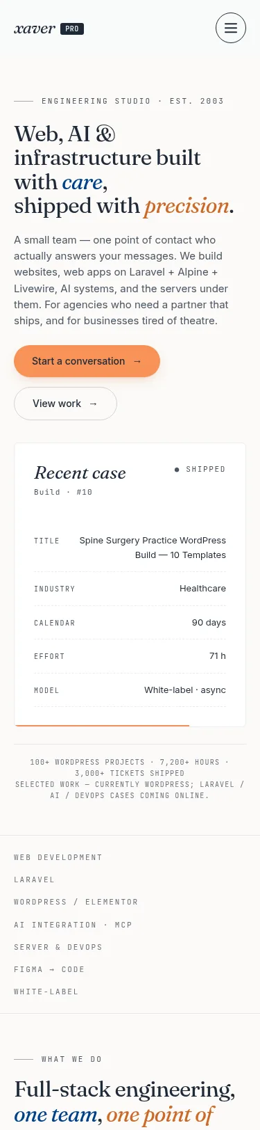 Internal case study: a pipeline for 107 projects and a deploy that never touches the live site — mobile view at 375 px